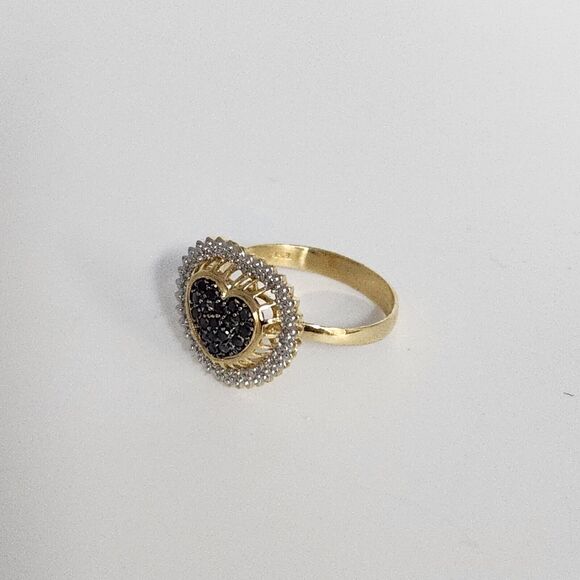 18k Yellow Gold Black &White Diamonds Heart Ring Size 7.25 - Picture 7 of 12